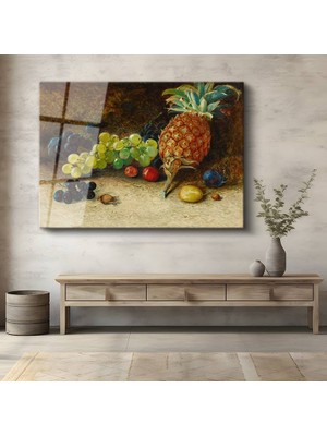 GülsenArt William Henry Hunt Meyve Ananas Natürmort Sanatı Temperli Cam Tablo Duvar Tablosu Dekoratif Tablo
