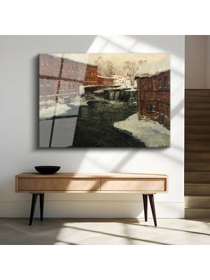 GülsenArt Frits Thaulow Kış Kar Manzarası Temperli Cam Tablo Duvar Tablosu Dekoratif Tablo