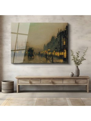 GülsenArt John Atkinson Grimshaw Liman Akşam Deniz Manzarası Temperli Cam Tablo Duvar Tablosu Dekoratif Tablo