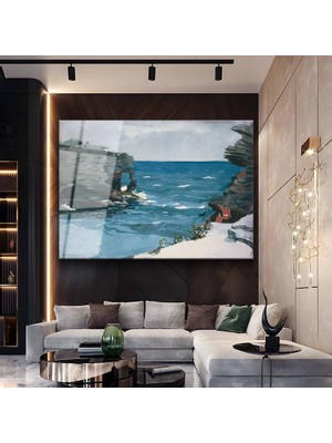GülsenArt Winslow Homer Kayalık Kıyı Deniz Manzarası Temperli Cam Tablo Duvar Tablosu Dekoratif Tablo