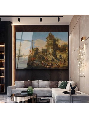 GülsenArt Francesco Guardi Liman Deniz Manzarası Temperli Cam Tablo Duvar Tablosu Dekoratif Tablo