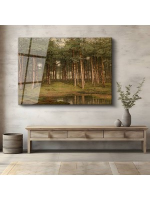GülsenArt Ivan Shishkin Çam Ormanı Doğa Manzarası Temperli Cam Tablo Duvar Tablosu Dekoratif Tablo