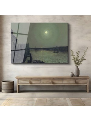 GülsenArt John Atkinson Grimshaw Ay Işığı Nehir Gece Manzarası Temperli Cam Tablo Duvar Tablosu Dekoratif Tablo