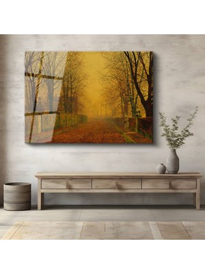 GülsenArt John Atkinson Grimshaw Sonbahar Yolu Renk Manzarası Temperli Cam Tablo Duvar Tablosu Dekoratif Tablo