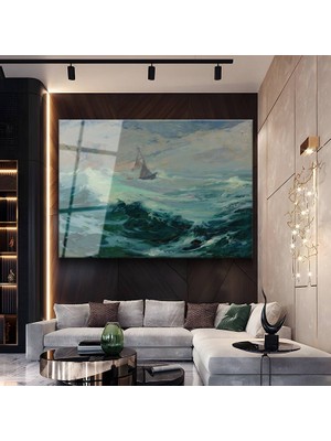 GülsenArt Frederick Judd Waugh Fırtınalı Deniz Dalgalar Temperli Cam Tablo Duvar Tablosu Dekoratif Tablo