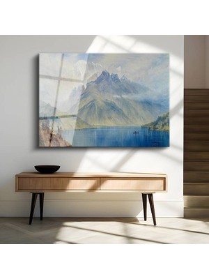 GülsenArt Albert Bierstadt Dağ Gölü Doğa Manzarası Temperli Cam Tablo Duvar Tablosu Dekoratif Tablo