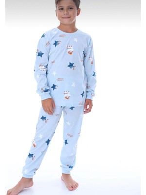 Erkek Çocuk Mavi Renk Interlok Kumaş Uzun Kollu Pijama Takımı