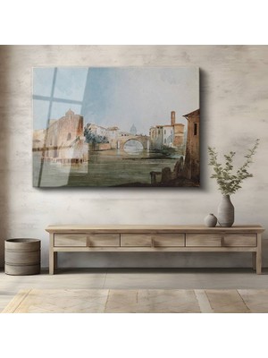GülsenArt J.m.w. Turner Italya Nehir Köprü Manzarası Temperli Cam Tablo Duvar Tablosu Dekoratif Tablo