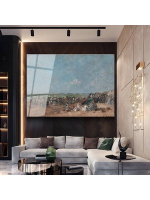GülsenArt Eugène Boudin Sahil Deniz Manzarası Temperli Cam Tablo Duvar Tablosu Dekoratif Tablo
