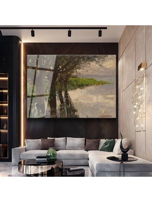 GülsenArt Alexander Koester Göl Kenarı Ağaçlar Resmi Temperli Cam Tablo Duvar Tablosu Dekoratif Tablo