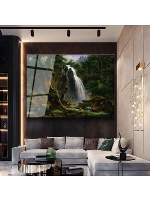 GülsenArt Thomas Moran Şelale Doğa Manzarası Temperli Cam Tablo Duvar Tablosu Dekoratif Tablo