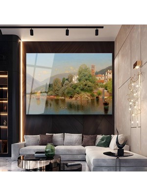 GülsenArt Hermann Ottomar Herzog Italyan Göl Peyzaj Resmi Temperli Cam Tablo Duvar Tablosu Dekoratif Tablo