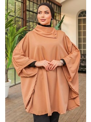 Düğme Detaylı Şık Tasarımlı Bej Şal Yaka Panço