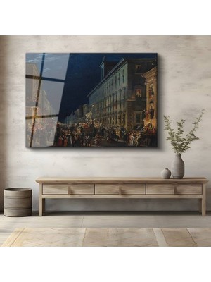 GülsenArt Ippolito Caffi Gece Festivali Şehir Manzarası Temperli Cam Tablo Duvar Tablosu Dekoratif Tablo