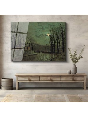 GülsenArt John Atkinson Grimshaw Ay Işığı Malikâne Gece Temperli Cam Tablo Duvar Tablosu Dekoratif Tablo