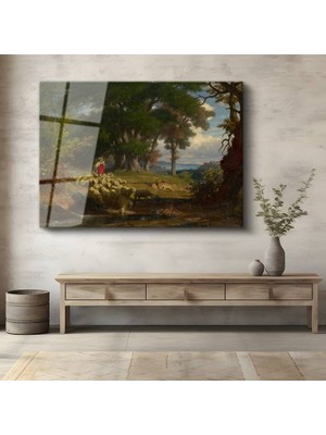 GülsenArt Thomas Gainsborough Çoban Koyunlar Kırsal Manzara Temperli Cam Tablo Duvar Tablosu Dekoratif Tablo