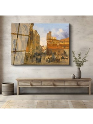 GülsenArt Richard Parkes Bonington Floransa Meydanı Italyan Manzara Temperli Cam Tablo Duvar Tablosu Dekoratif Tablo