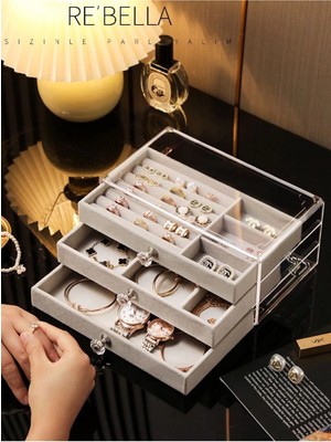 Eco Lounge 3 Çekmeceli Bölmeli Şeffaf Takı Kutusu | Mücevher Saklama Kutusu | Gri Renk Seçeneği 13X23X10
