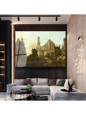 GülsenArt Jan Van Der Heyden Orta Çağ Kent Manzarası Temperli Cam Tablo Duvar Tablosu Dekoratif Tablo