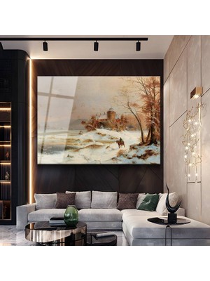 GülsenArt Andreas Schelfhout Kış Kar Manzarası Temperli Cam Tablo Duvar Tablosu Dekoratif Tablo