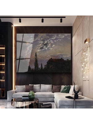 GülsenArt Caspar David Friedrich Ay Işığında Ev Resmi Temperli Cam Tablo Duvar Tablosu Dekoratif Tablo