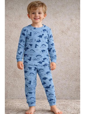 Erkek Çocuk Mavi Renk Dinozor  Desenli Pamuklu Uzun Kollu Pijama Takımı