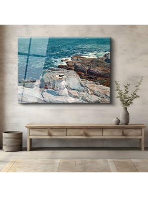 GülsenArt Childe Hassam Kayalık Yaz Deniz Manzarası Temperli Cam Tablo Duvar Tablosu Dekoratif Tablo