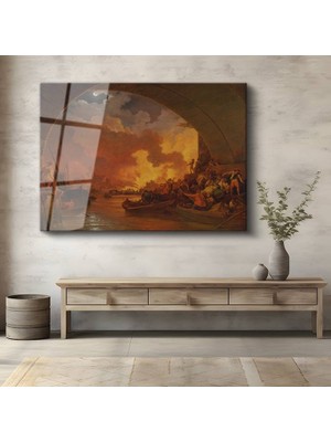 GülsenArt Philip James De Loutherbourg Büyük Yangın Şehir Manzarası Temperli Cam Tablo Duvar Tablosu Dekoratif Tablo