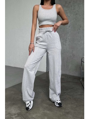 Şık ve Rahat Yüksek Bel Bol Paça Gri Eşofman Altı