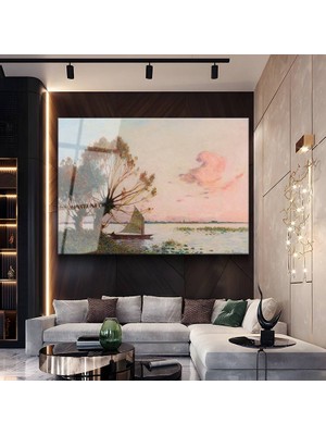 GülsenArt Ferdinand Du Puigaudeau Gün Batımı Göl Manzarası Temperli Cam Tablo Duvar Tablosu Dekoratif Tablo