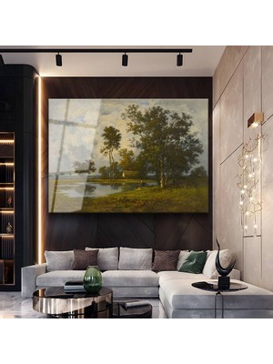 GülsenArt Narcisse Virgile Diaz De La Peña Göl Doğa Manzarası Temperli Cam Tablo Duvar Tablosu Dekoratif Tablo