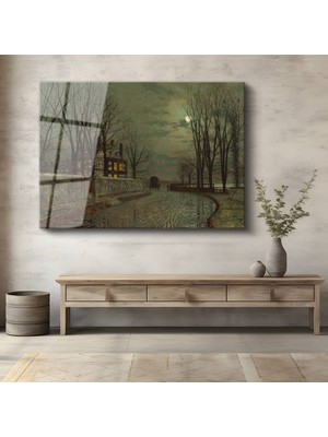GülsenArt John Atkinson Grimshaw Ay Işığı Kış Kar Manzarası Temperli Cam Tablo Duvar Tablosu Dekoratif Tablo