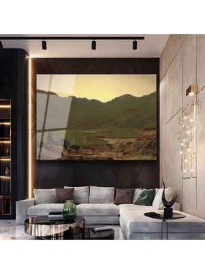 GülsenArt John Constable Dağlar Arası Göl Manzarası Temperli Cam Tablo Duvar Tablosu Dekoratif Tablo