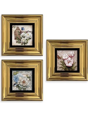 TeknoKapsül Çiçekler 3 Lü Set Çerçeveli Taş Tablo 20 cm