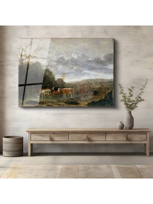 GülsenArt Aelbert Cuyp Nehir Kenarı Inekler Kırsal Temperli Cam Tablo Duvar Tablosu Dekoratif Tablo