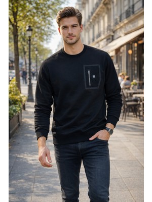 Remsa Erkek Fermuar Detay Bisiklet Yaka Pamuklu Sweatshirt 24722 Siyah