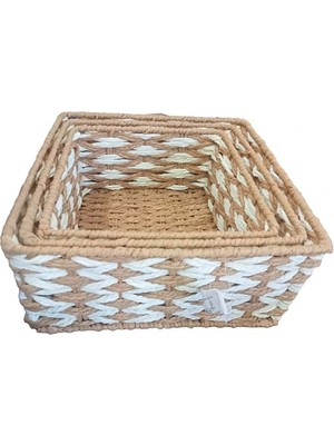 Kare Örgü Desenli Doğal Hasır Sepet Seti - 3'lü