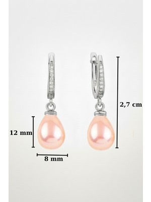 BymissMücevherat 925 Ayar Gümüş Sallantılı Pembe Damla İnci Kadın Küpe | 8×12 mm İnci