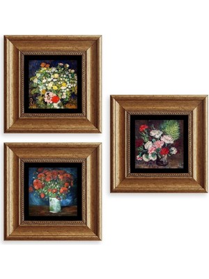 TeknoKapsül Çiçekler 3 Lü Set Çerçeveli Taş Tablo 20 cm