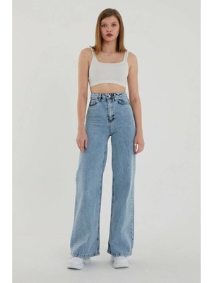 Neva Shop Açık Mavi Kar Yıkama Likralı Palazzo Salaş Paça Süper Yüksek Bel Jean Pantolon