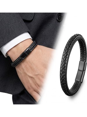 Karpınar Çelik Takı Siyah &amp; Siyah Saç Örgülü Deri ve Çelik Bileklik