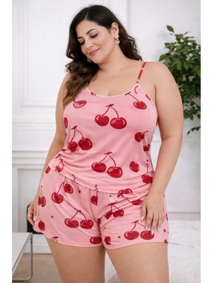 Süsen Lingerie Kiraz Desenli Yüzde Yüz Pamuk Penye Kadın Gecelik Takım, Büyük Beden Kadın Gecelik