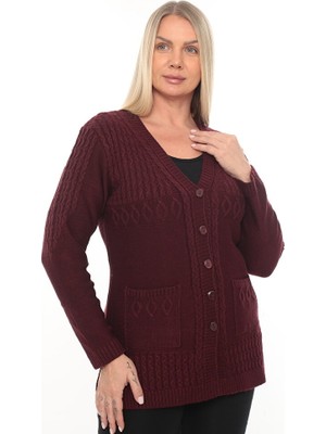 Kadın Düğmeli Cepli V Yaka Örgü Yün Anne Triko Kışlık Hırka