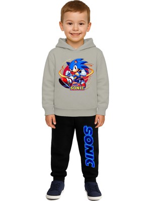 Sedirli Sonic Baskılı Çocuk Eşofman Takımı 3 Iplik Şardonlu Pamuklu Kumaş Kapüşonlu