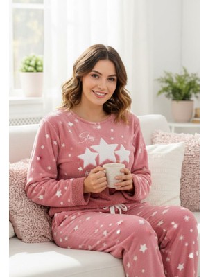 Zeravie Butik Uyku Bandı Hediyeli kadın Pembe Peluş Pijama Takımı - Yıldız Desenli Yumuşak Wellsoft Kışlık Ev Kombini - Stay Positive Nakışlı Alt Üst Set