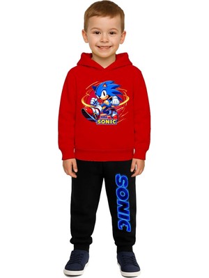 Sedirli Sonic Baskılı Çocuk Eşofman Takımı 3 Iplik Şardonlu Pamuklu Kumaş Kapüşonlu