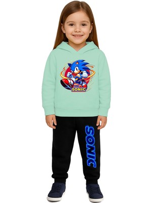Sedirli Sonic Baskılı Çocuk Eşofman Takımı 3 Iplik Şardonlu Pamuklu Kumaş Kapüşonlu