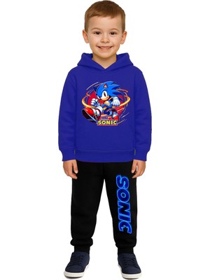 Sedirli Sonic Baskılı Çocuk Eşofman Takımı 3 Iplik Şardonlu Pamuklu Kumaş Kapüşonlu