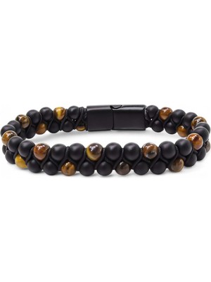 Karpınar Çelik Takı Kaplan Gözü ve Oniks Doğaltaş ve Çelik Halatlı Erkek Bileklik