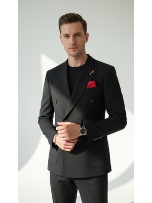 Plus Scorpion Erkek Penye Kumaş Kruvaze Blazer Ceket – 4 Düğmeli Mono Yaka, Torba Cepli, Çift Yırtmaçlı Şık Tasarım